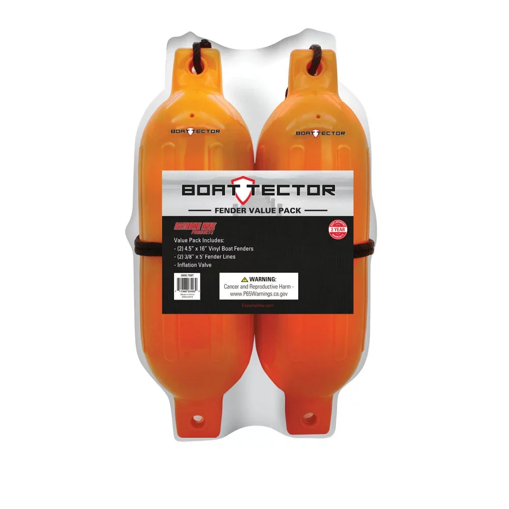Extreme Max 3006.7581 Craft Inflatable Fender Value 2-Pack - 4.5" x 16", Neon Orange