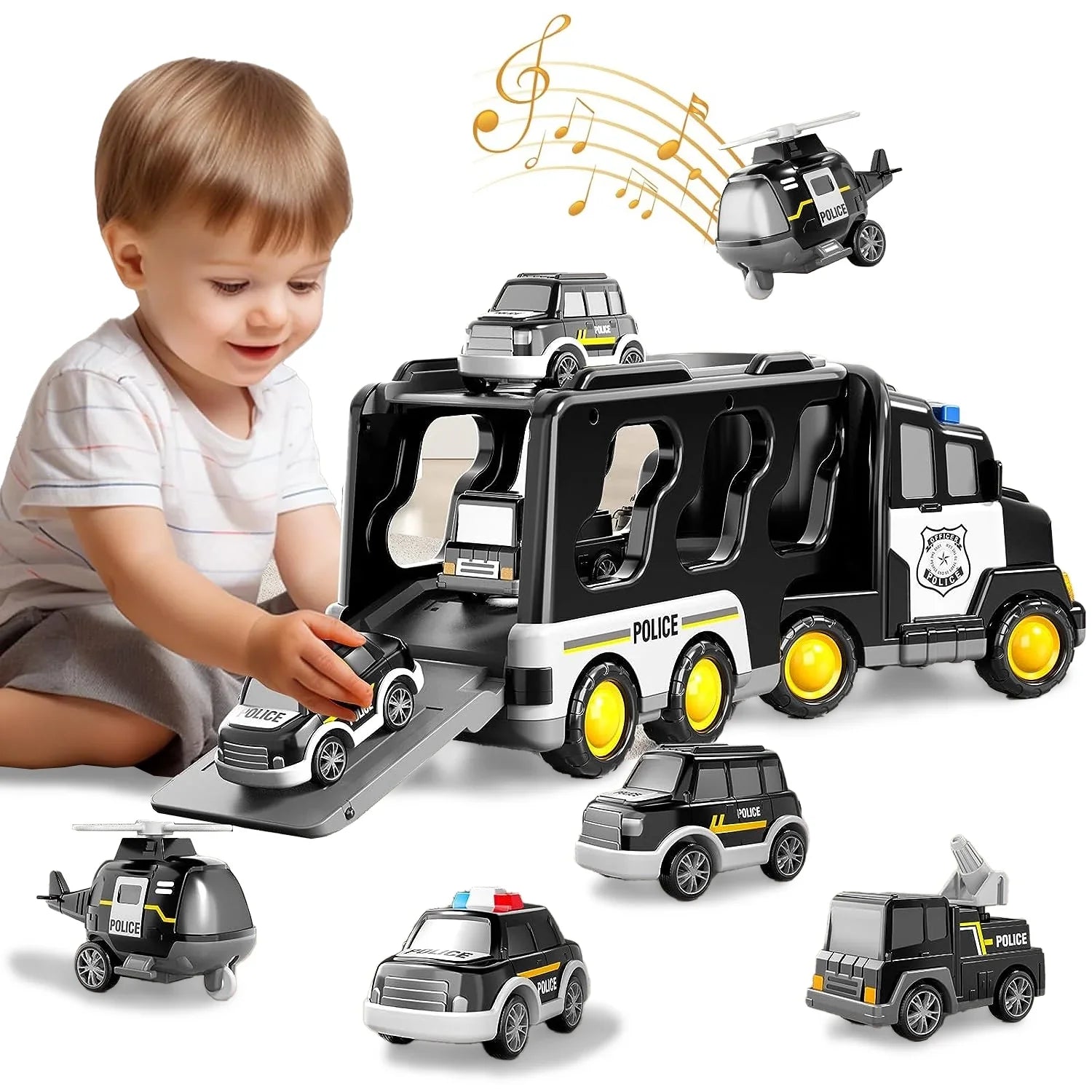 PayUSD Construction Toddler Police Truck Car Toys for 3 4 5 6 Year Old Boys 5 in 1 Construction Car Trucks Playset with Play Mat & Accesoories, Birthday Gifts for Toddlers Kids Boys Girls Age 3-5