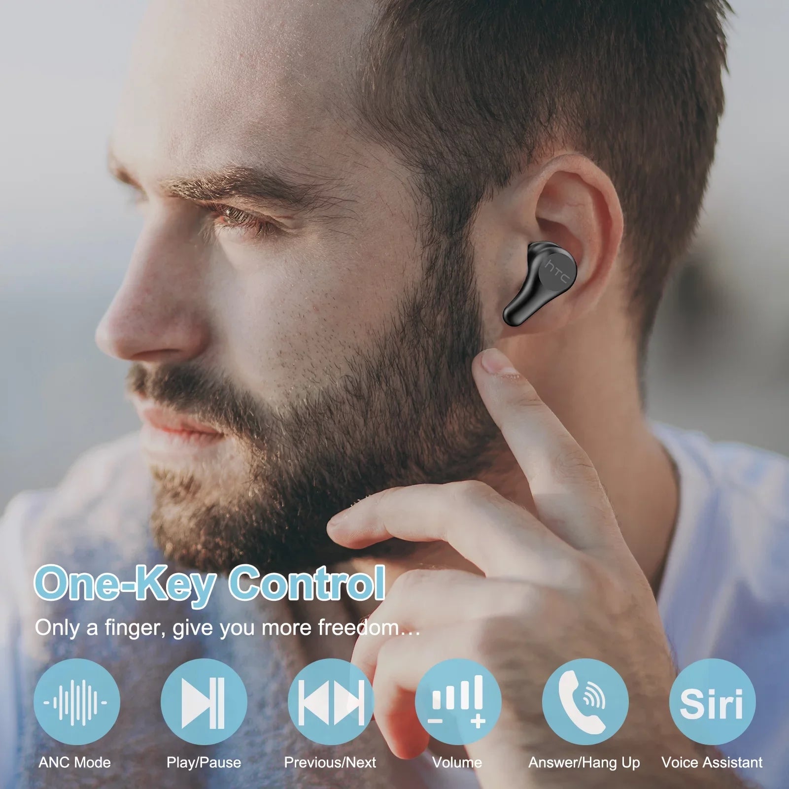 HTC True Wireless Earbuds Plus - Active Noise Cancellation IPX5 Water Strong Bluetooth 5.0 Headphones with ENC, 24-Hour Playtime, Stereo in-Ear Touch Control Wireless Earphones