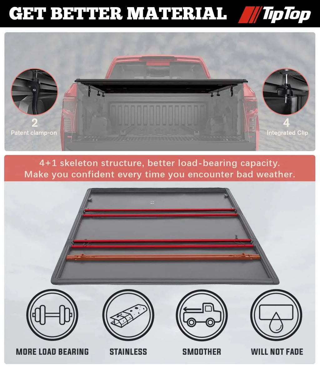 Tiptop Soft Folding Tonneau Shield Truck Bed For 2016-2023 Toyota Tacoma 5ft Bed (60.5") | TPX3 |For Models With or Without The Deck Rail System|