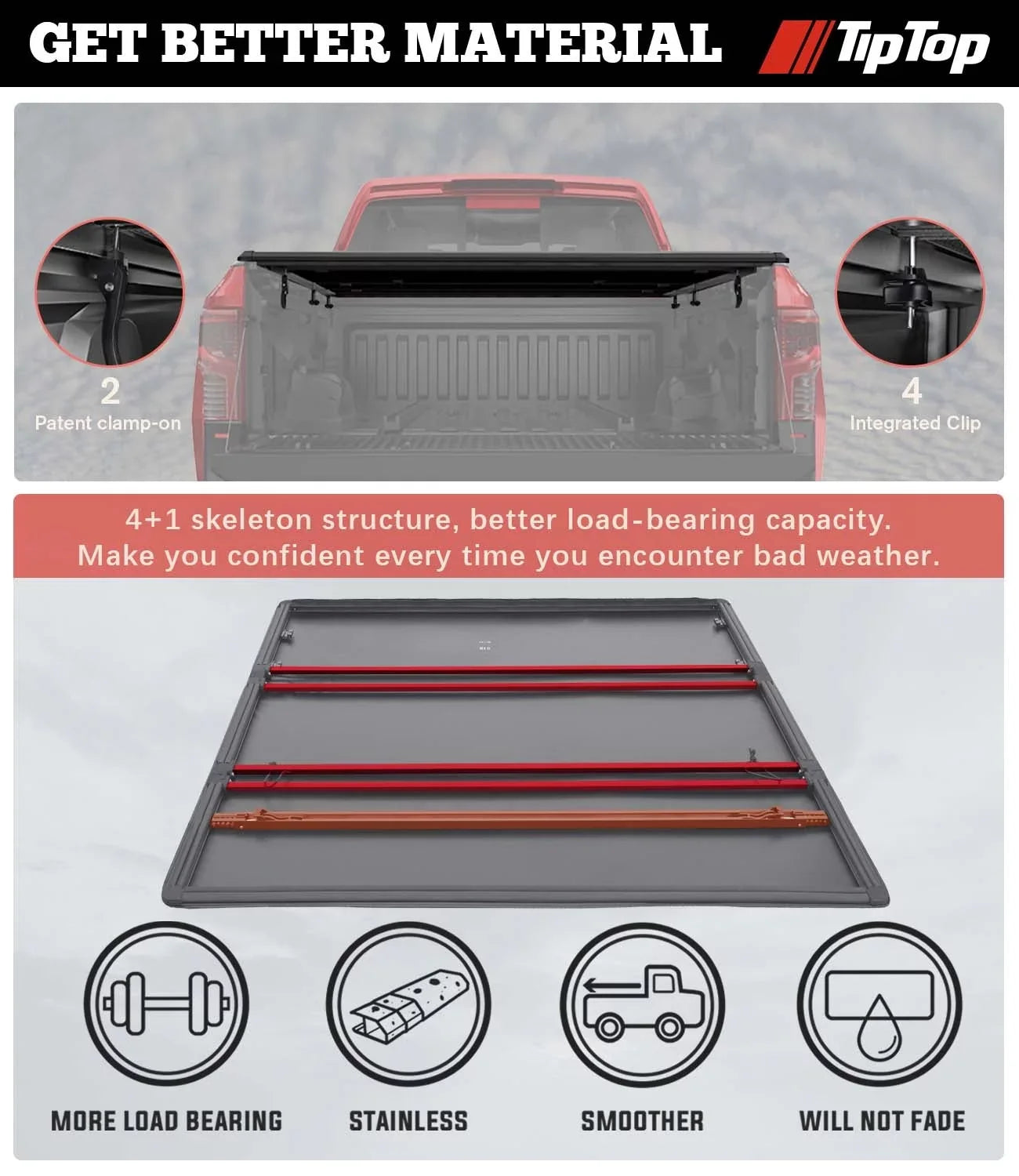 Tiptop Soft Folding Tonneau Shield Truck Bed For 2016-2023 Toyota Tacoma 5ft Bed (60.5") | TPX3 |For Models With or Without The Deck Rail System|