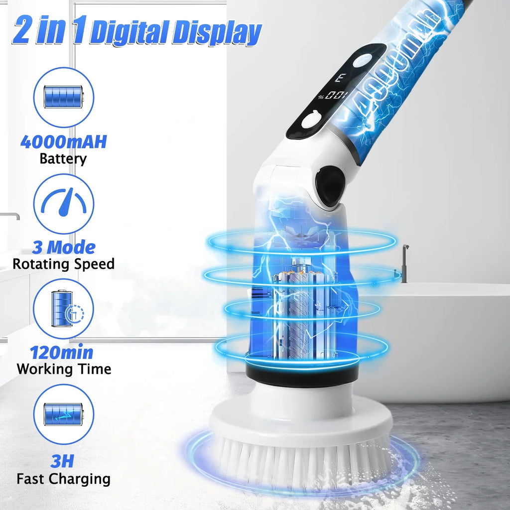 Electric Spin Scrubber, WLRETMCI Cordless Cleaning Brush with 8 Brush Heads,Shower Scrubber with Long Handle Household Cleaning Brushes for Bathroom Tub Tile Kitchen Floor Car