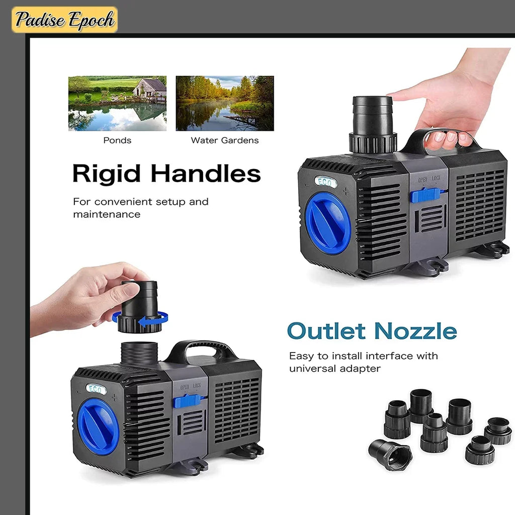 Pond Pump Submersible (800GPH) Adjustable Flow Inline Aquarium Fountain Waterfall Koi Fish Salt Fresh Water Filter with Set of Outlet Adapter
