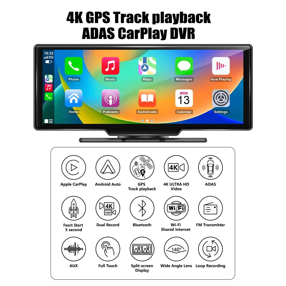Adas Dash Cam 4K DVR 10.26" IPS with touch Screen 2 cameras for Front and Back recording Apple CarPlay , Android Auto Portable Navigation