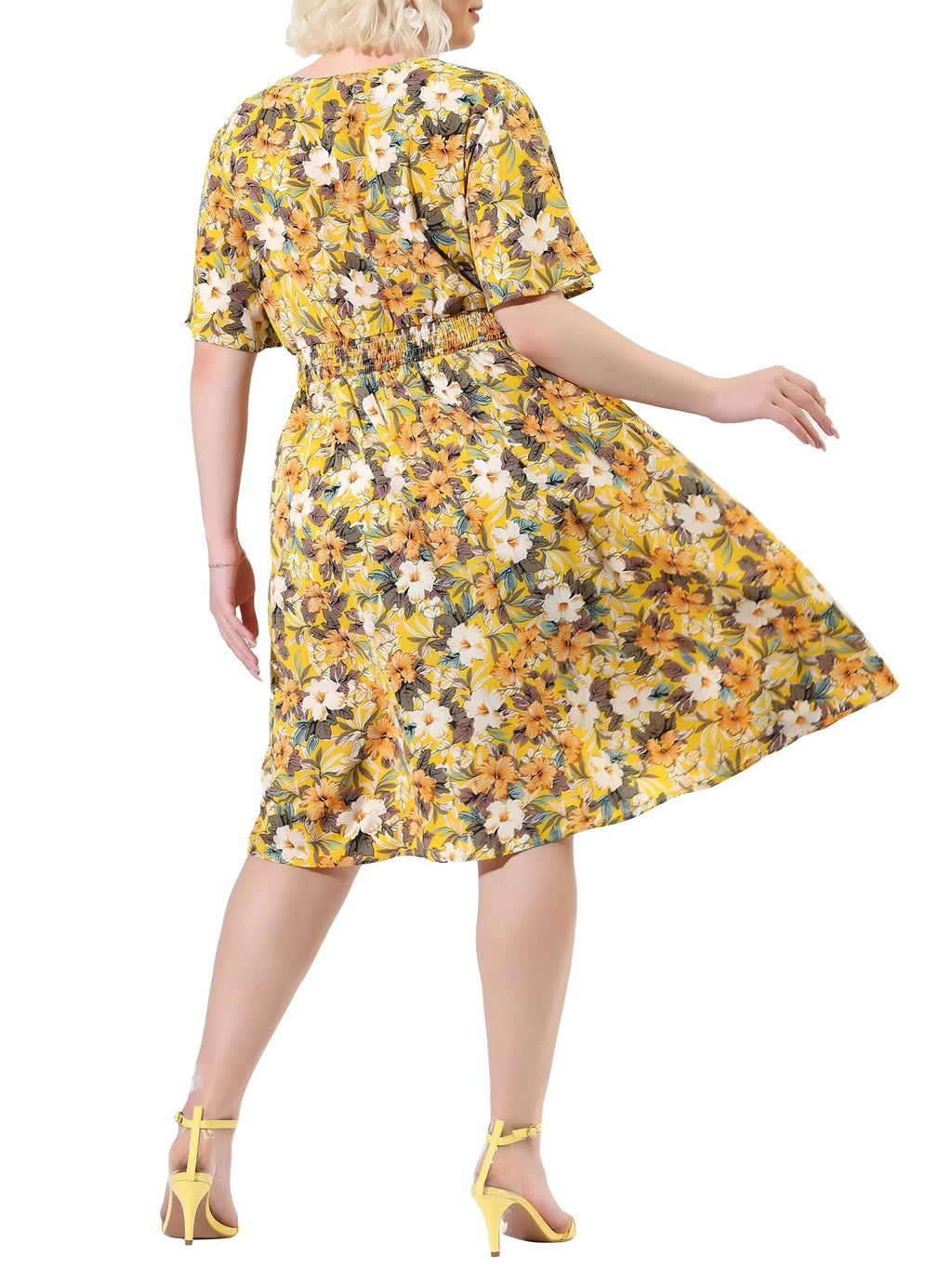 MODA NOVA Juniors' Plus V Neck Floral Print Flare Sleeve Casual Midi Dress Yellow 3X