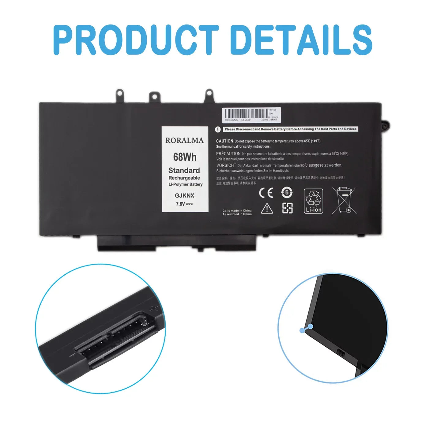 GJKNX Laptop Battery 68Wh for Dell Latitude 5480 5580 5280 5288 5488 5590 5591 5490 5491 5495 E5480 E5580 E5490 E5590, Dell Precision 15 3520 3530 Series Notebook GD1JP DY9NT 5YHR4 451-BBZG