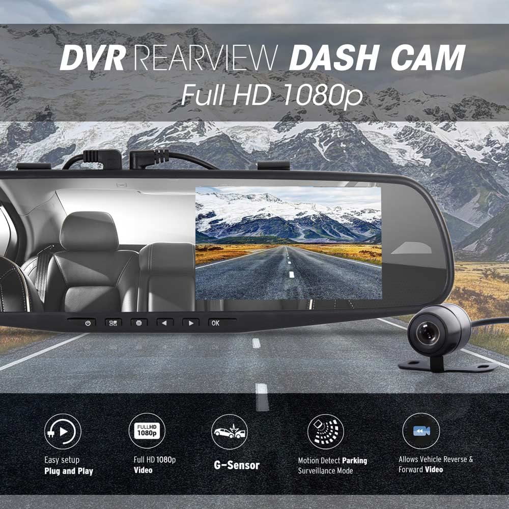 Pyle HD 1080p 4.3" Dual Camera Dash Cam Vehicle Recording System Rearview Mirror