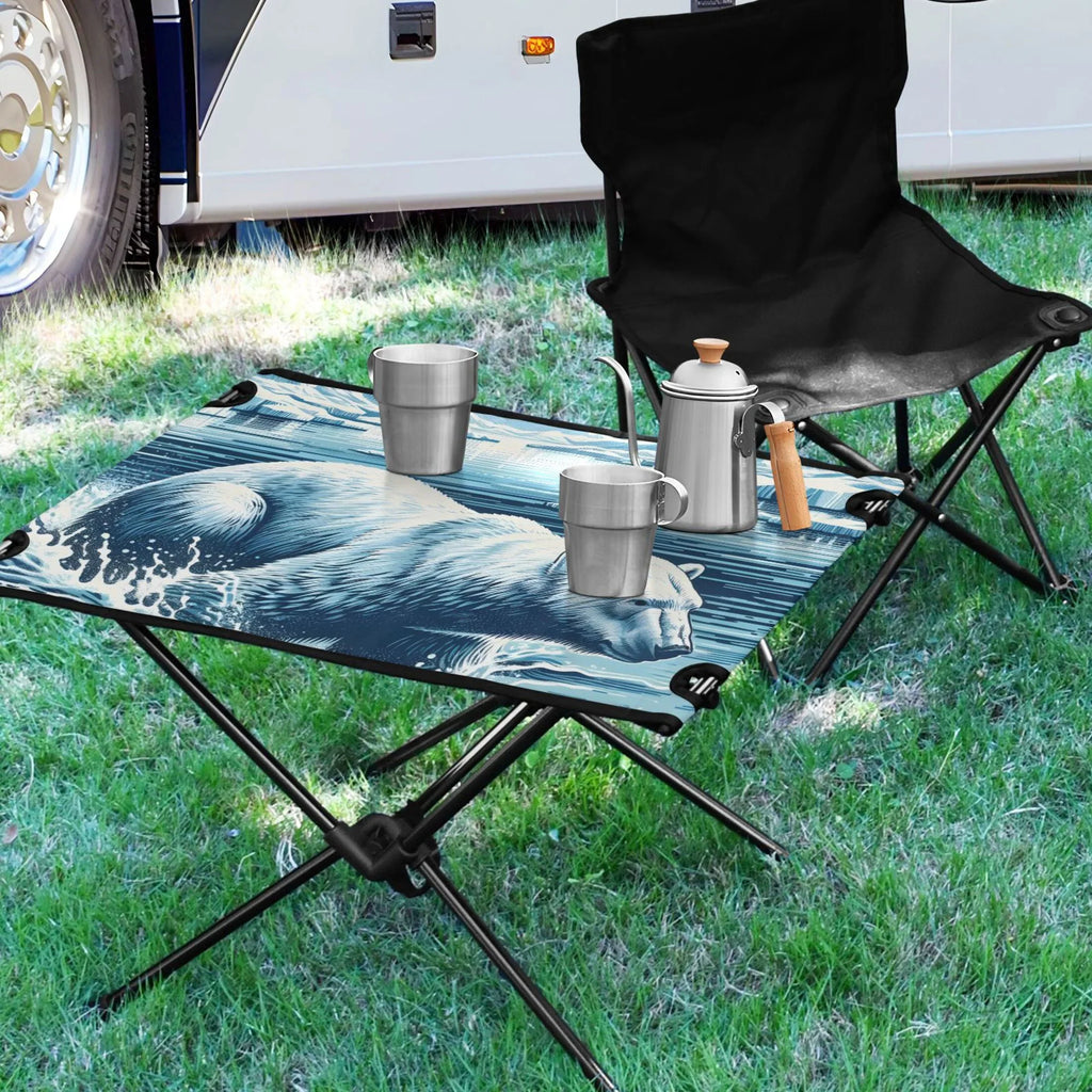 Polar Bear Swimming Camping Folding Table Portable Beach Table with Storage Bag Compact Picnic Table for Outdoor Travel Fishing BBQ