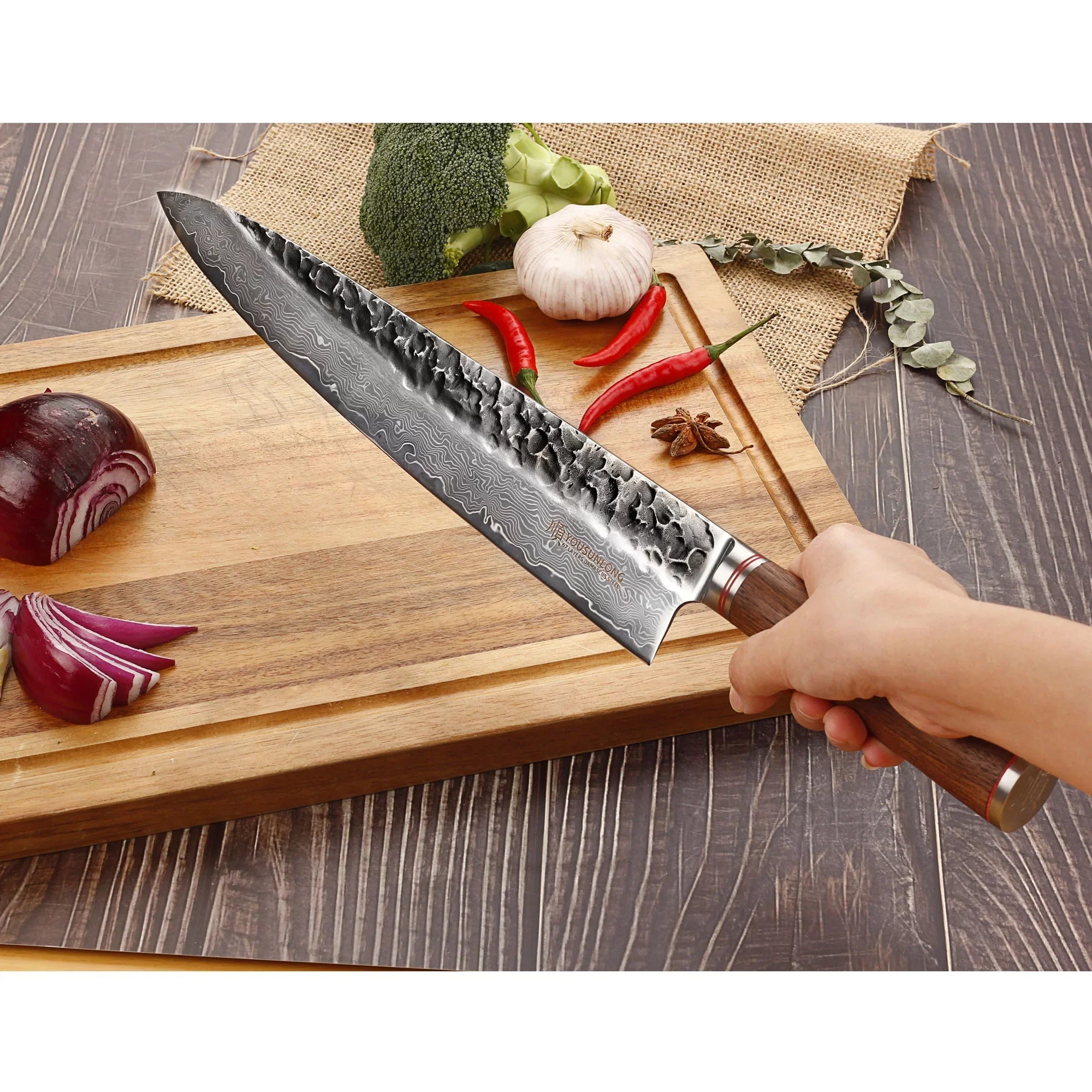 YOUSUNLONG Chef Knife 12 inch - Pro Gyuto Japanese Hammered Damascus Steel Natural Walnut Wooden Handle with Leather Sheath
