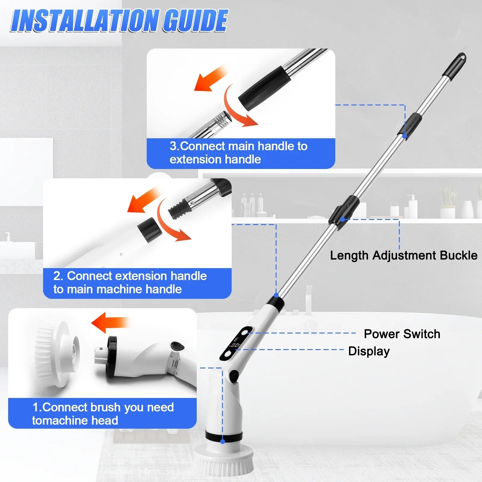 Electric Spin Scrubber, WLRETMCI Cordless Cleaning Brush with 8 Brush Heads,Shower Scrubber with Long Handle Household Cleaning Brushes for Bathroom Tub Tile Kitchen Floor Car