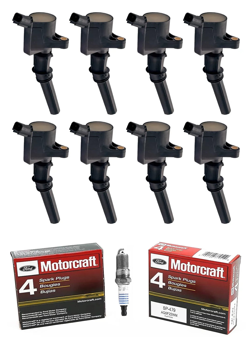 Set of 8 ISA Ignition Coils & 8 Motorcraft Brand Spark Plugs Suitable with 1998-2019 Ford E150 E250 E350 E450 and F150 F250 F350 4.6L 5.4L 6.8L Replacement for FD503 SP479