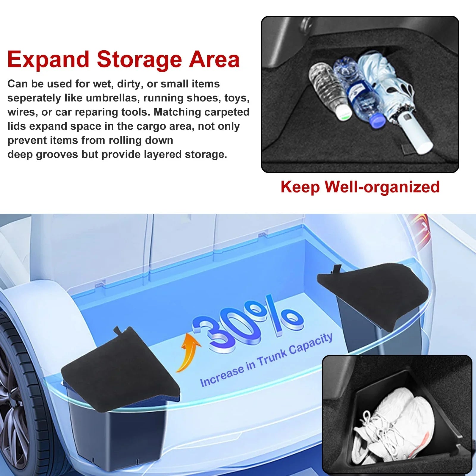 Xotic Tech Black Rear Trunk Side Storage Grocery Box w/Lid Reinforced Handle Partition Board Shield Organizer Packet Holder Bin Suitable with Tesla Model Y 5 Seater 2022-up
