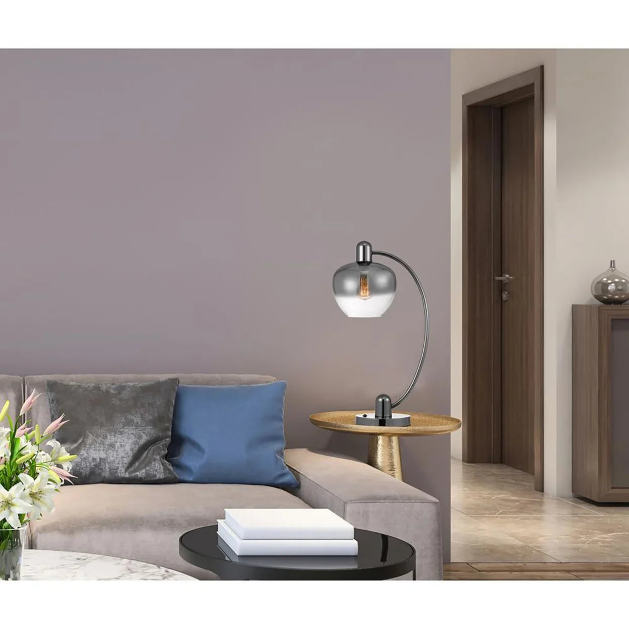 40W Brookline Metal Arc Table Lamp With Electoral Plated Smoked Glass Shade And On Off Rocker Switch