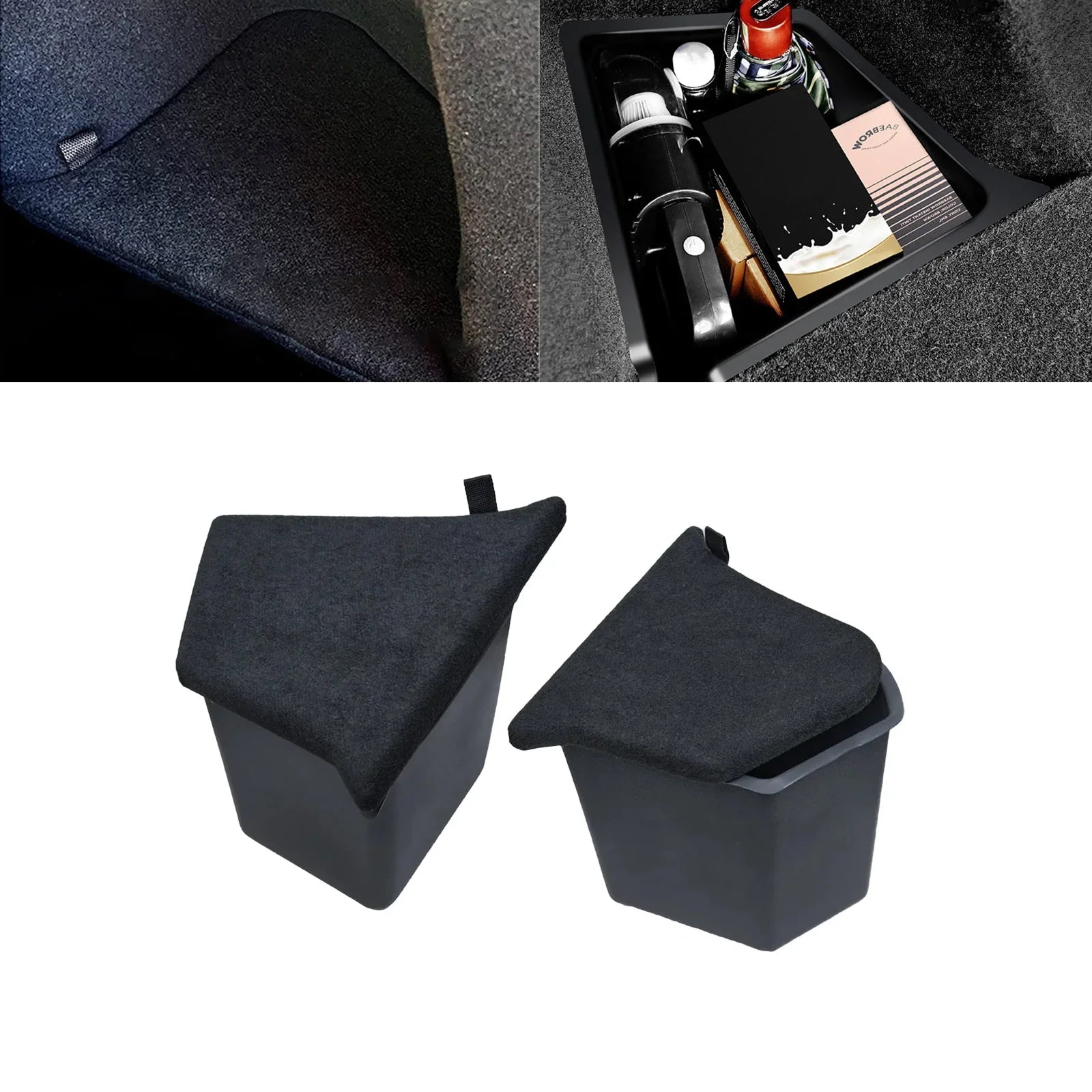 Xotic Tech Black Rear Trunk Side Storage Grocery Box w/Lid Reinforced Handle Partition Board Shield Organizer Packet Holder Bin Suitable with Tesla Model Y 5 Seater 2022-up