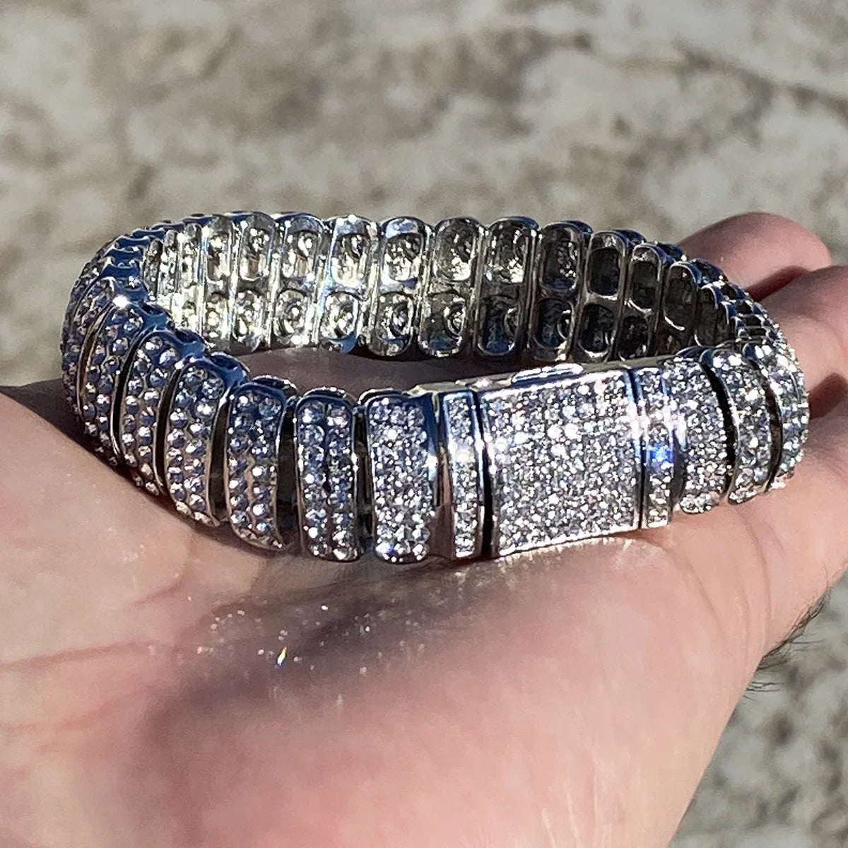 Mens Hip Hop Bracelet Micro Pave Iced Box Lock Silver Tone Bling Out 8.5" Inch x 16MM Thick