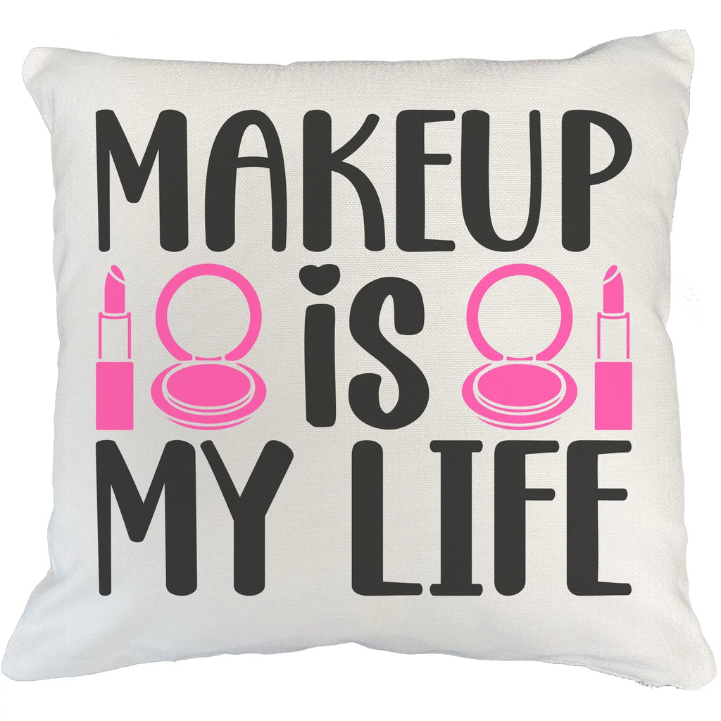 Makeup Is My Life w/ Compact Mirror & Lipstick Design - Beauty Themed Merch for Makeup Artist or Cosmetologist, Gift for Makeup Lovers, Pillow Coating White 20X20 IN