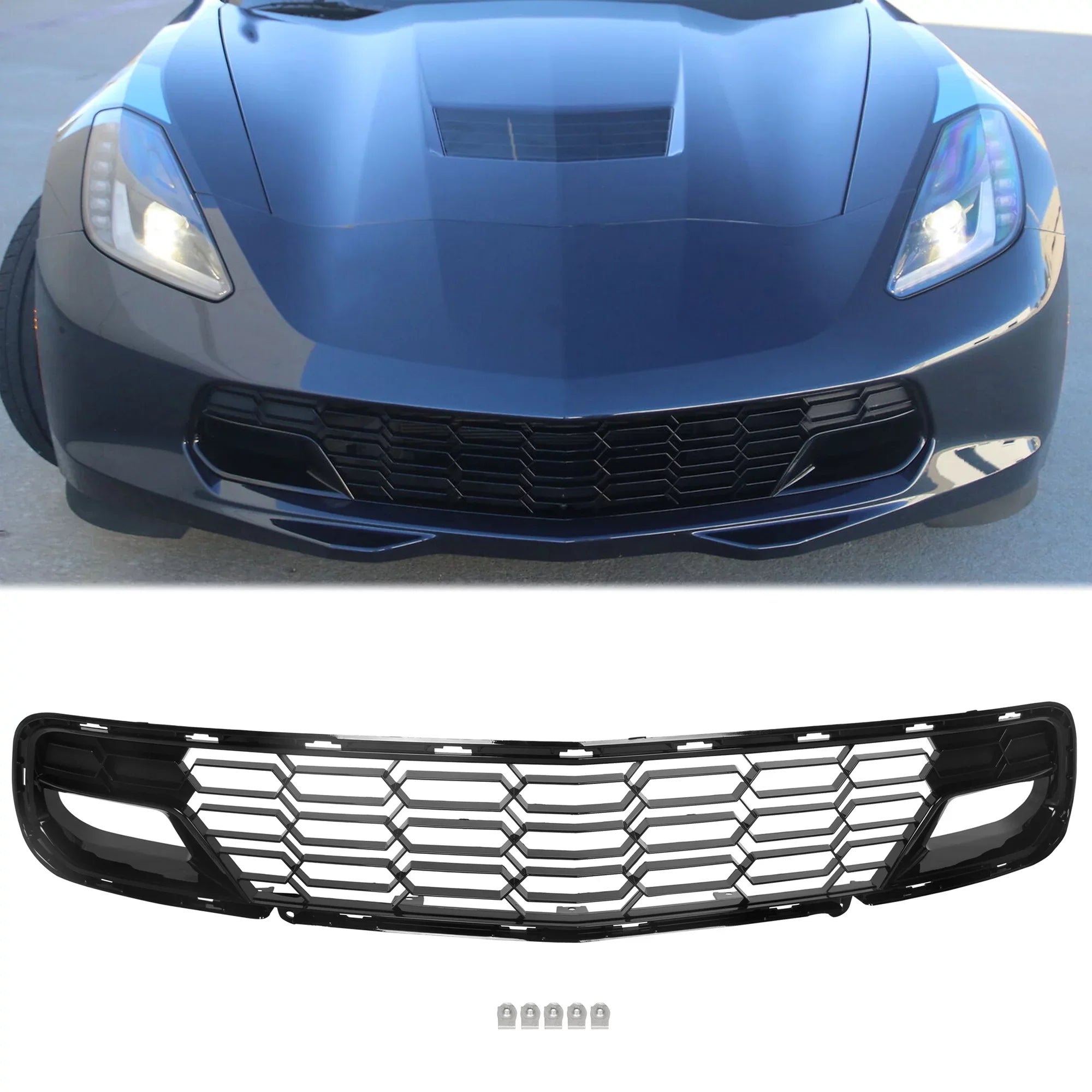 Kojem Front Lower Grille for 2014-2019 Chevrolet Corvette C7 All Models Z06 Style Bumper Protection Painted Glossy Black Plastic (W/O Front Camera Bracket)