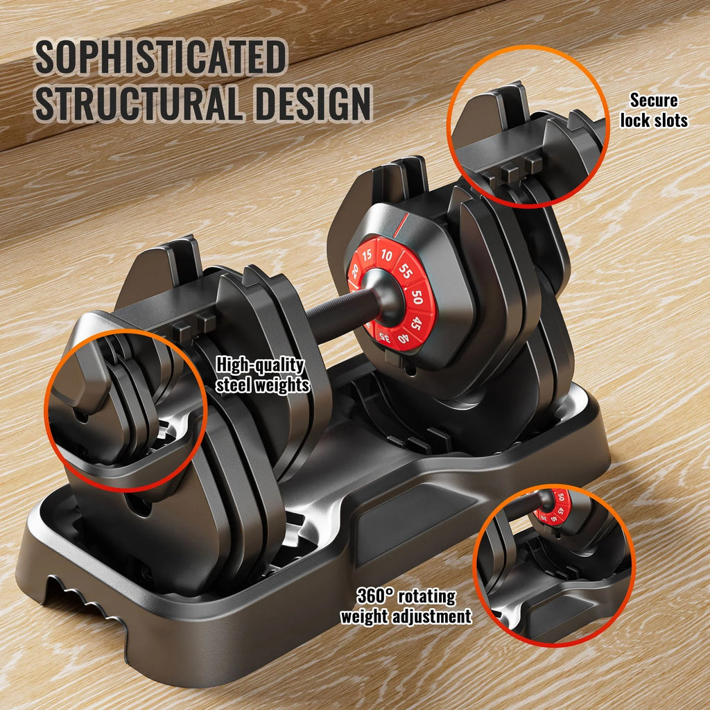 Powanli Adjustable Dumbbell Set, 10 in 1 Free Dumbbell for Men and Women, Black Dumbbell for Home Gym, Full Body Workout Fitness, Fast Adjust by Turning Handle (10 Gears/55 LB)