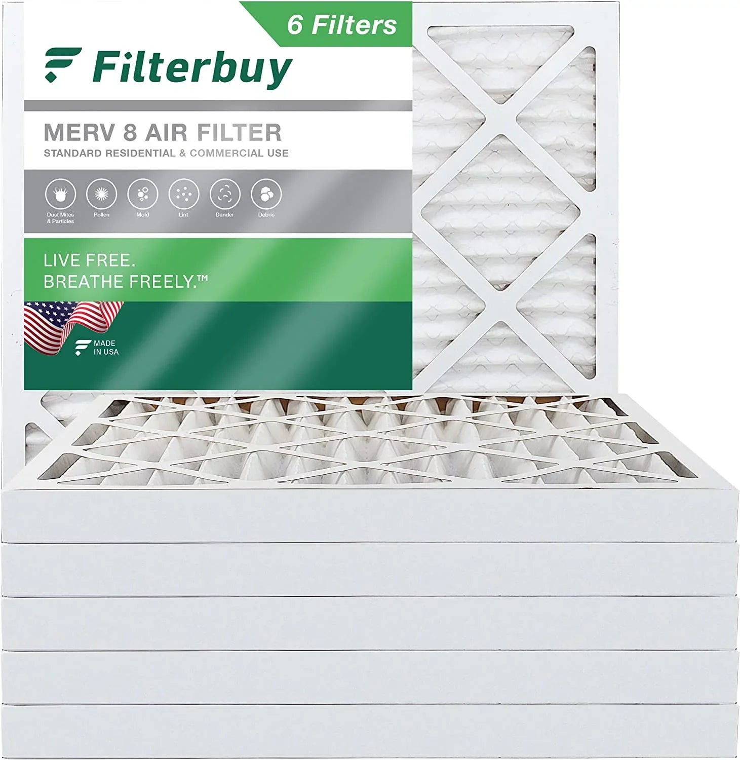 Filterbuy 20x20x2 MERV 8 Pleated HVAC AC Furnace Air Filters (6-Pack)