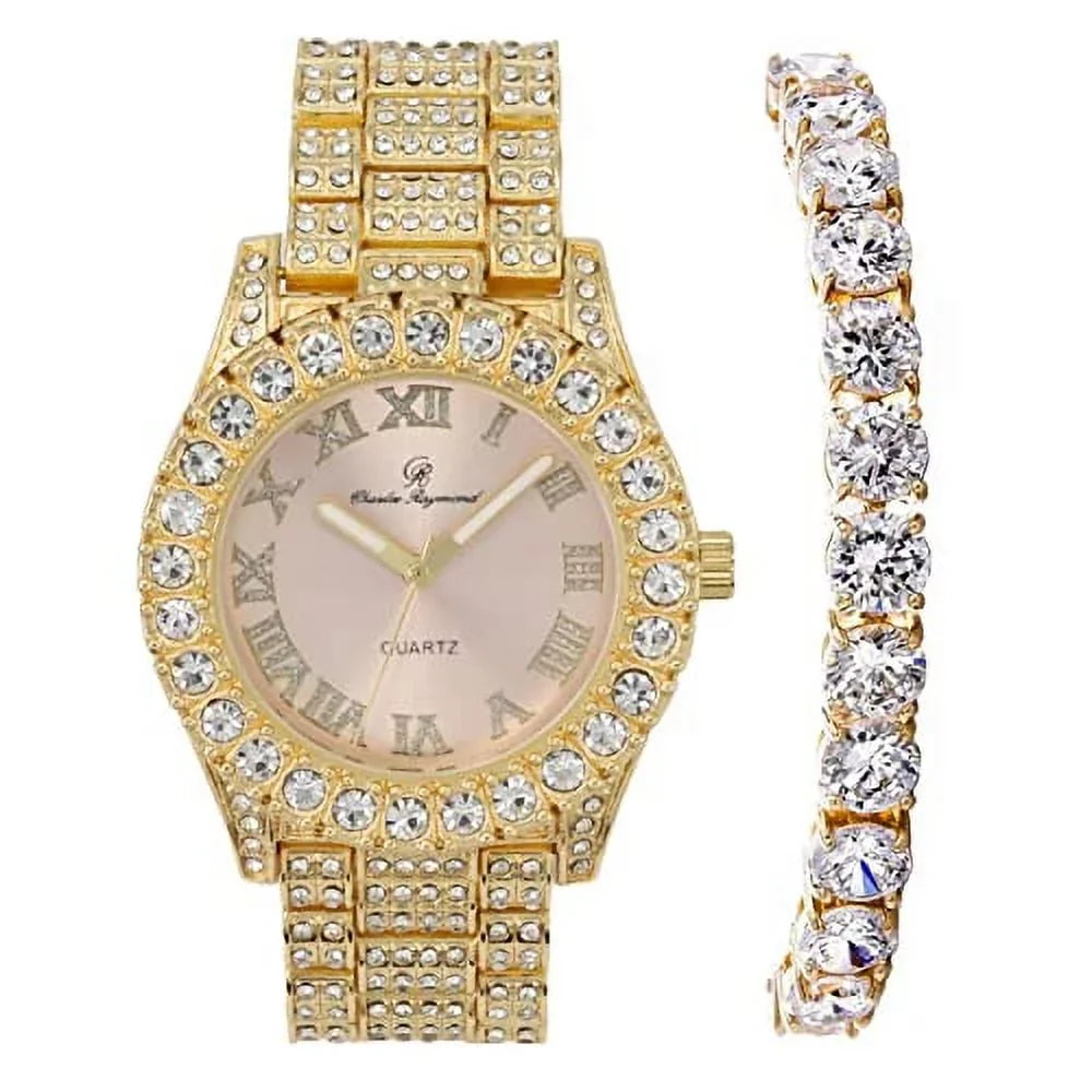 Women's Big Rocks Bezel Colored Dial with Roman Numerals Fully Iced Out Watch w/Matching Bling'ed Out Tennis Bracelet - ST10327LA (TLA Gold - Blush)