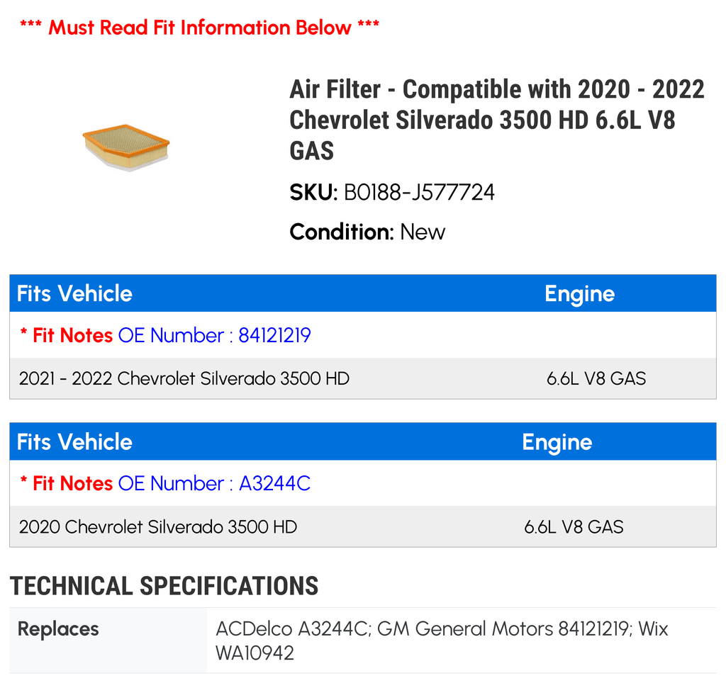 Air Filter - Suitable with 2020 - 2022 Chevy Silverado 3500 HD 6.6L V8 GAS 2021