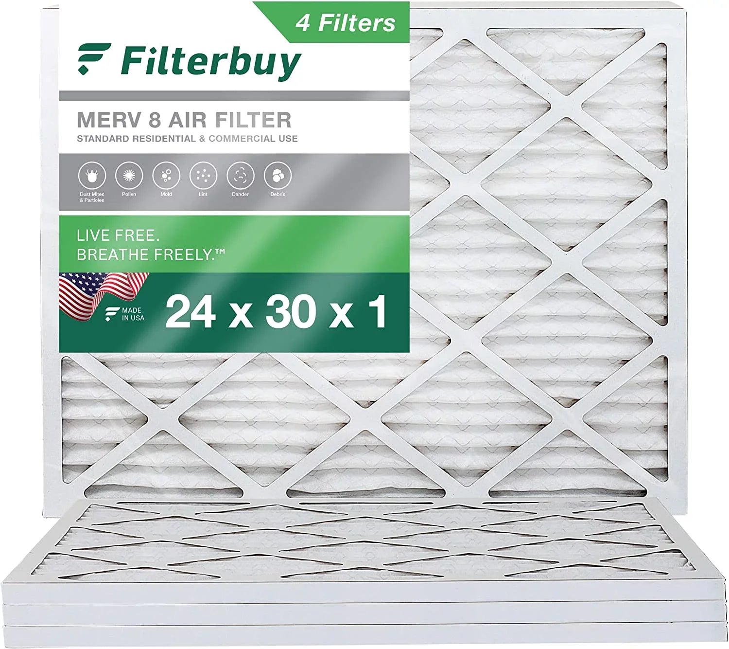 Filterbuy 24x30x1 MERV 8 Pleated HVAC AC Furnace Air Filters (4-Pack)