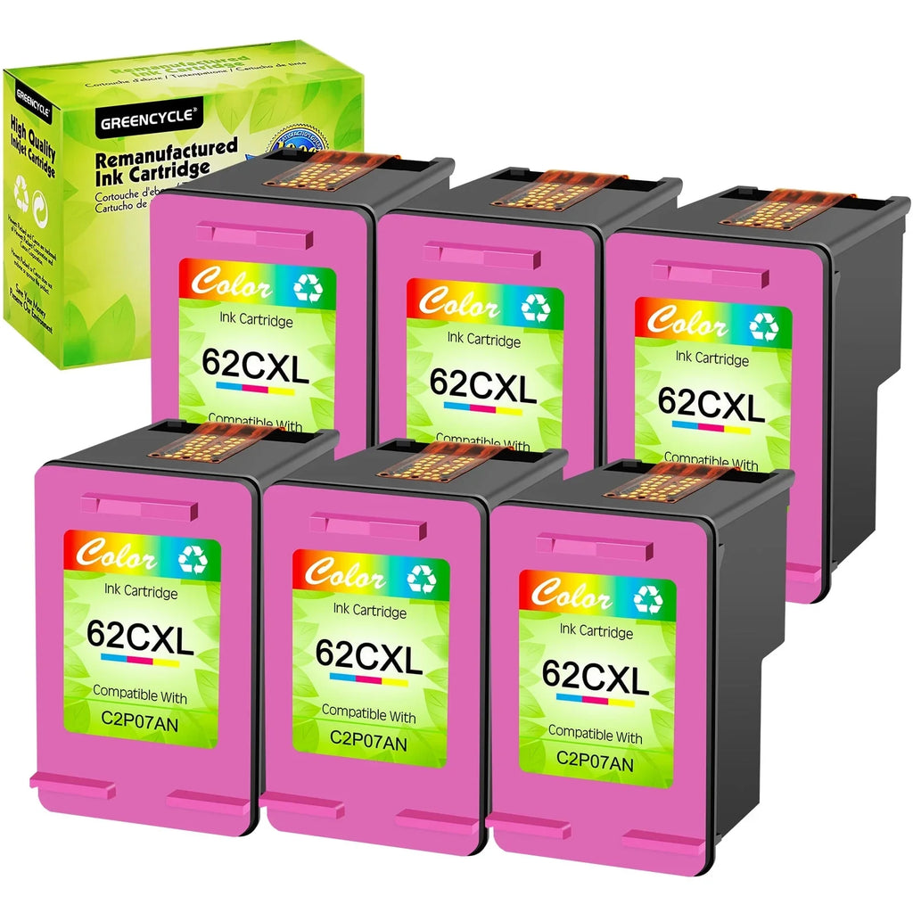 GREENCYCLE 62XL Ink Cartridges Replacement for HP High Yield 62 XL Matching with Envy 5540 5640 5660 7644 7645 OfficeJet 5740 8040 OfficeJet 200 250 (6 Tri-Color)