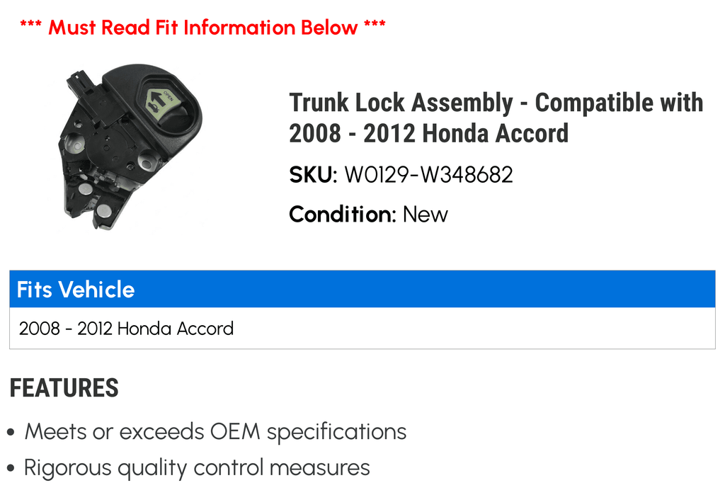 Trunk Lock Assembly - Fitting with 2008 - 2012 Honda Accord 2009 2010 2011
