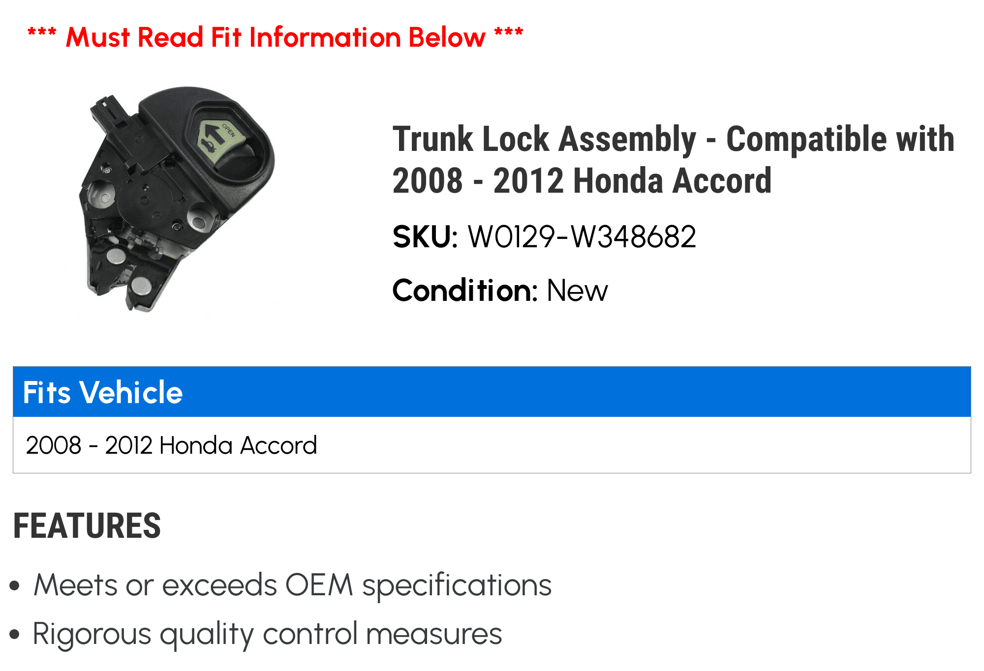 Trunk Lock Assembly - Fitting with 2008 - 2012 Honda Accord 2009 2010 2011