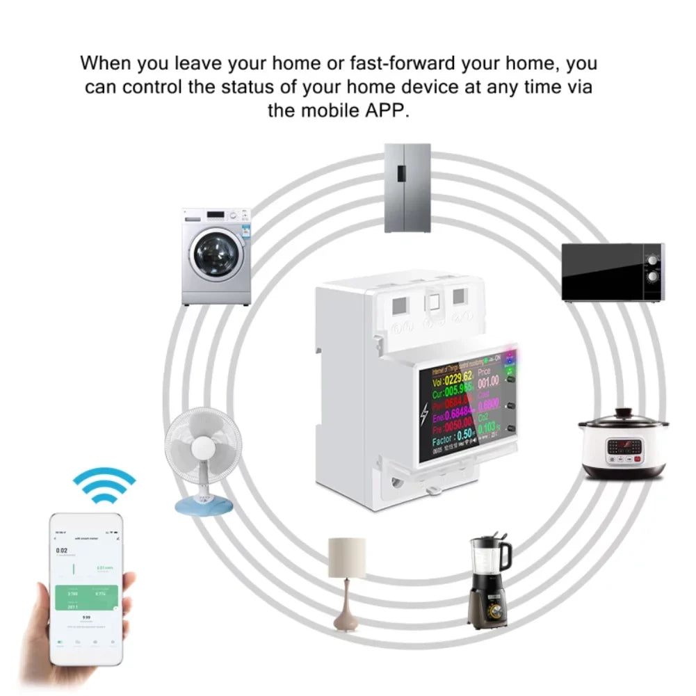 Tuya Wifi/Bluetooth AT4PW 100A Din Rail Smart Switch Remote Control AC 220V 110V Digital Energy Kwh Frequency Factor Meter