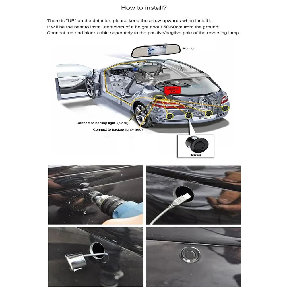 Car Reverse Backup Parking Sensor Radar System, Buzzer beeps, Detection Distance:30~150CM, Waterproof Sensors (22mm Diameter 2.3M Cable) 4 Packs X60D (Black)