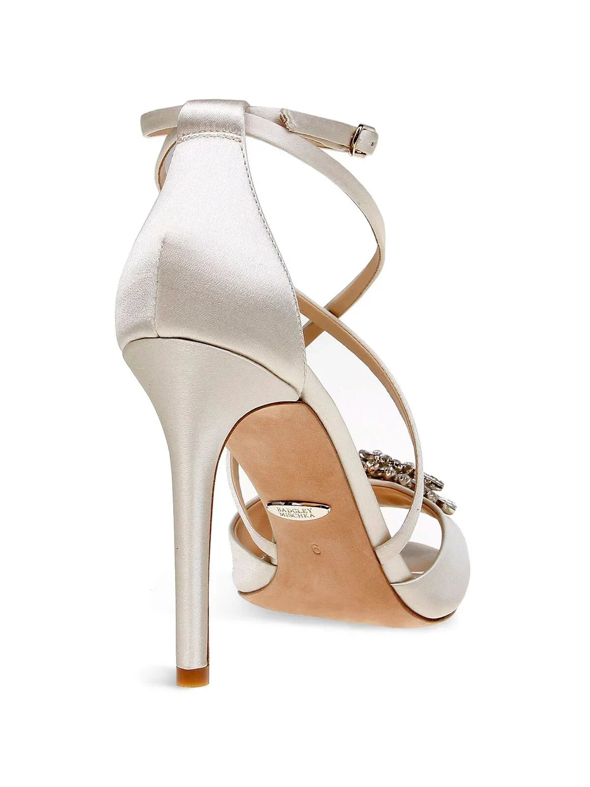 BADGLEY MISCHKA Womens Ivory Satin Beige Cushioned Footbed Dustbag Embellished Ankle Strap Tatum Open Toe Stiletto Clasp Dress Heeled Gladiator Sandal 10