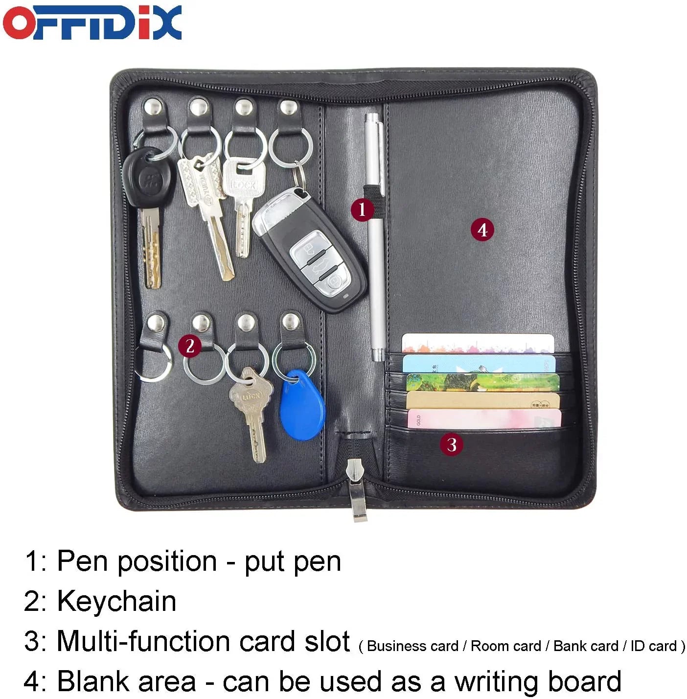 OFFIDIX PU Leather Portable Key Cabinet,8-Key Hooks Portable Zippered Key Case Menus Card Organizer Holder Business Padfolio for Real Estate Sales,Hotel Executives, Car Service
