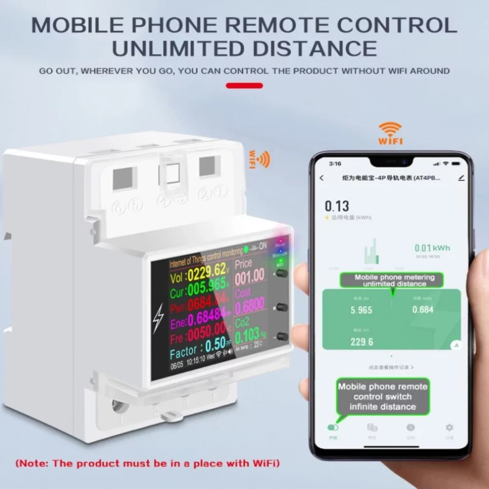 Tuya Wifi/Bluetooth AT4PW 100A Din Rail Smart Switch Remote Control AC 220V 110V Digital Energy Kwh Frequency Factor Meter