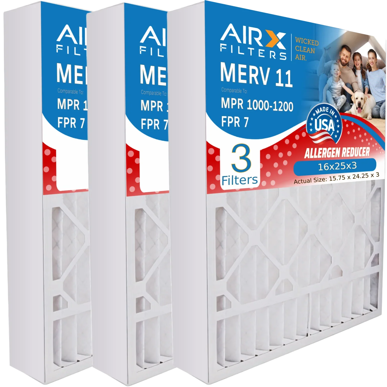 16x25x3 Air Filter MERV 11 Comparable to MPR 1000, MPR 1200 & FPR 7 Suitable with Lennox X0581 Air Filter 3 Pack16x25x3 by AIRX FILTERS WICKED CLEAN AIR.