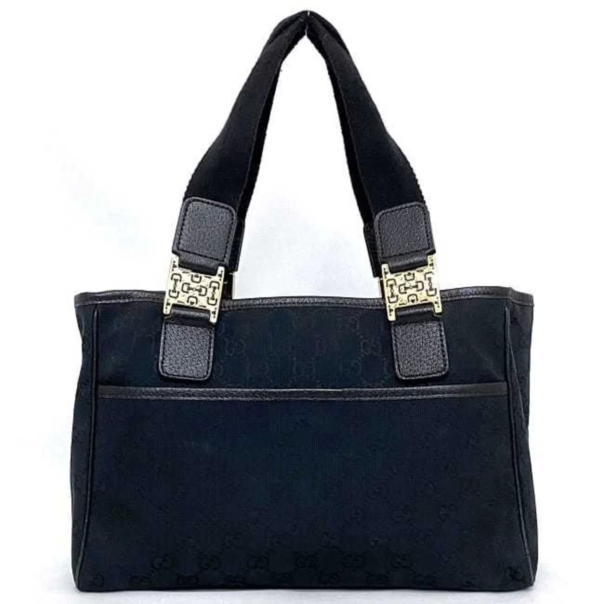 Pre-Owned Gucci Tote Bag Black Silver Horsebit 145810 Canvas Leather GUCCI Handbag Ladies (Good)