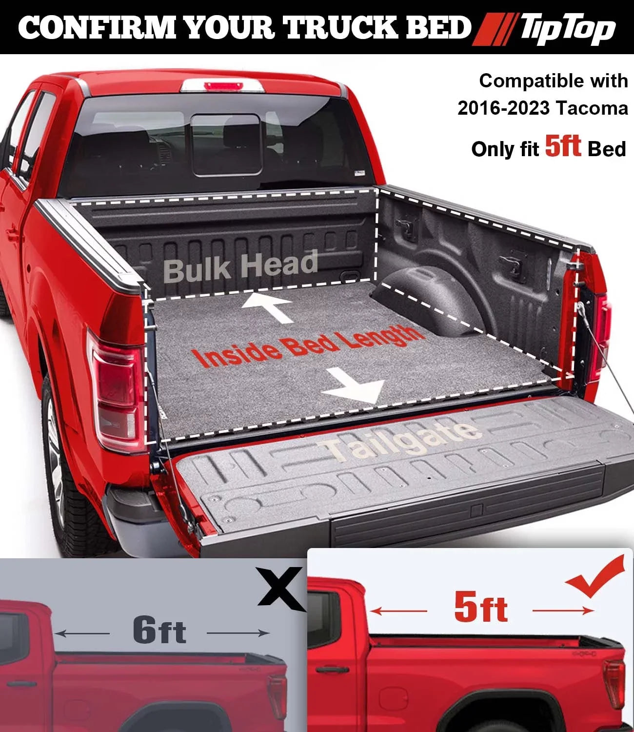 Tiptop Soft Folding Tonneau Shield Truck Bed For 2016-2023 Toyota Tacoma 5ft Bed (60.5") | TPX3 |For Models With or Without The Deck Rail System|