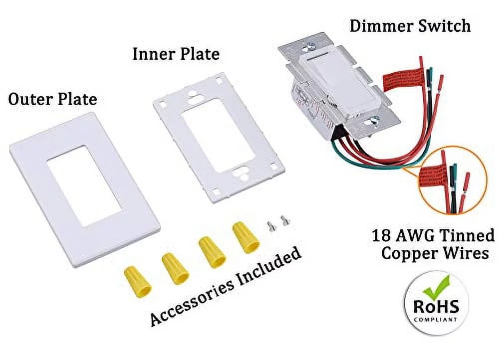 Cloudy Bay in Wall Dimmer Switch for LED Light/CFL/Incandescent,3-Way Single Pole Dimmable Slide,600 Watt Wrap Plate Included