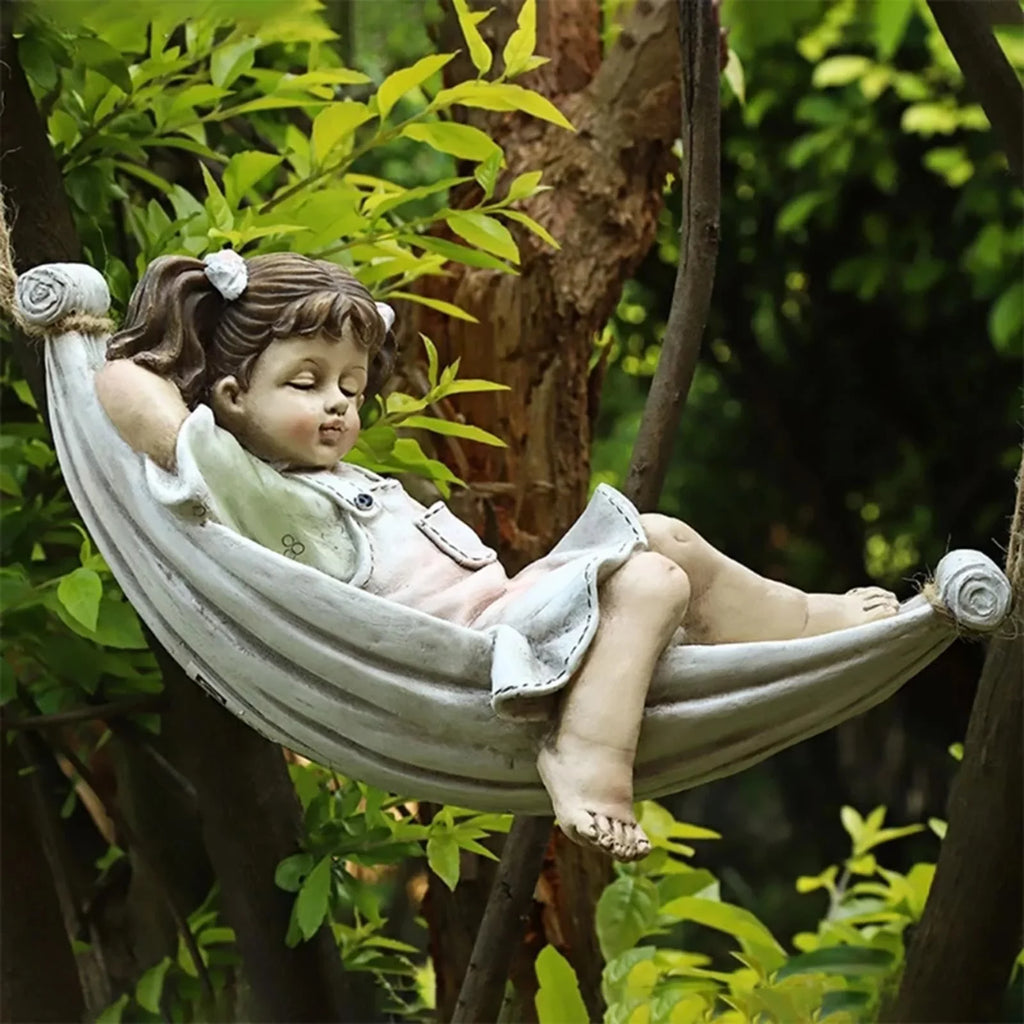 Girls on Swing Garden Statue, Yard Pond Fountain Decorative Figurine Tree Hanging Sculpture, Lawn Nordic Hand Landscaping Ornament Crafts