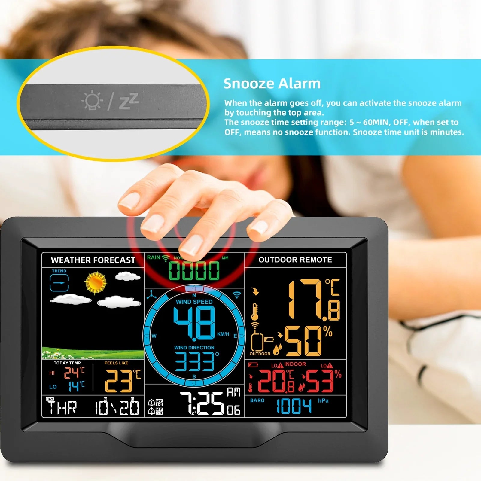 Suzicca Wireless Condition Station Indoor Hygrometer Thermometer Temperature Backlit Humidity Display Digital Environment Forecast Station Clock Alarm Clock with Sensor USB Port