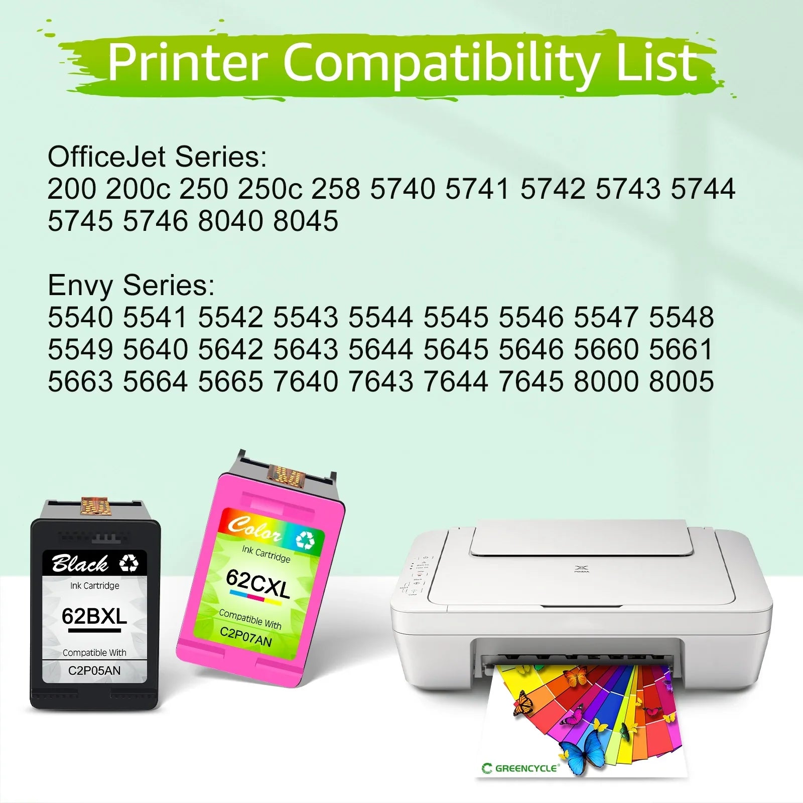 GREENCYCLE 62XL Ink Cartridges Replacement for HP High Yield 62 XL Matching with Envy 5540 5640 5660 7644 7645 OfficeJet 5740 8040 OfficeJet 200 250 (6 Tri-Color)