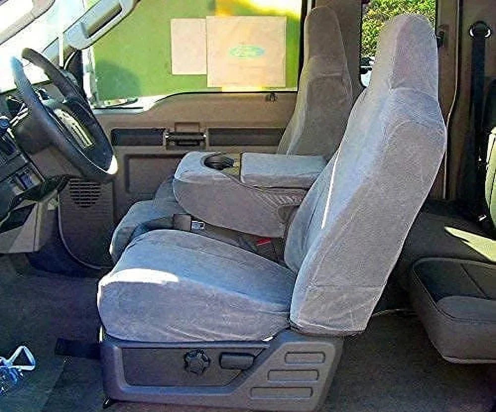 F58 2002-2010 Ford F250-F550 Super Duty Front 40/20/40 Split Bench Seat with Molded Headrests and Opening Center Console Two Tone in Black and Gray Twill