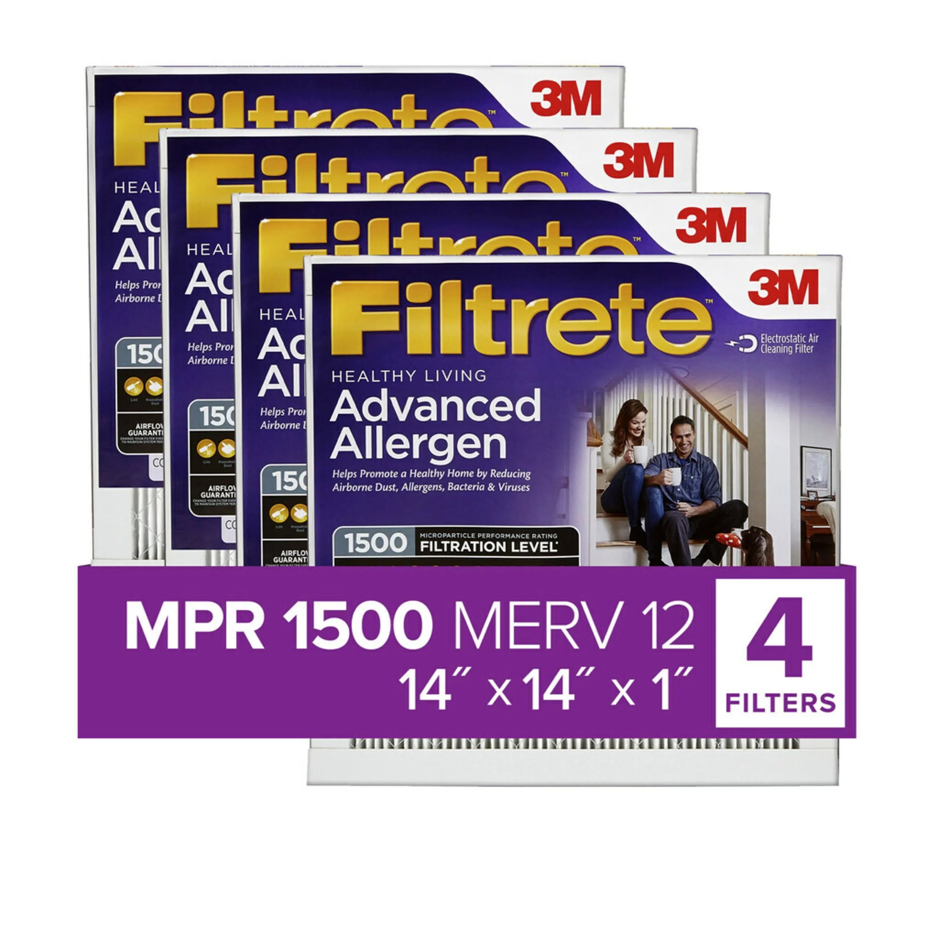 Filtrete 14x14x1 Air Filter, MPR 1500 MERV 12, Advanced Allergen Reduction, 4 Filters