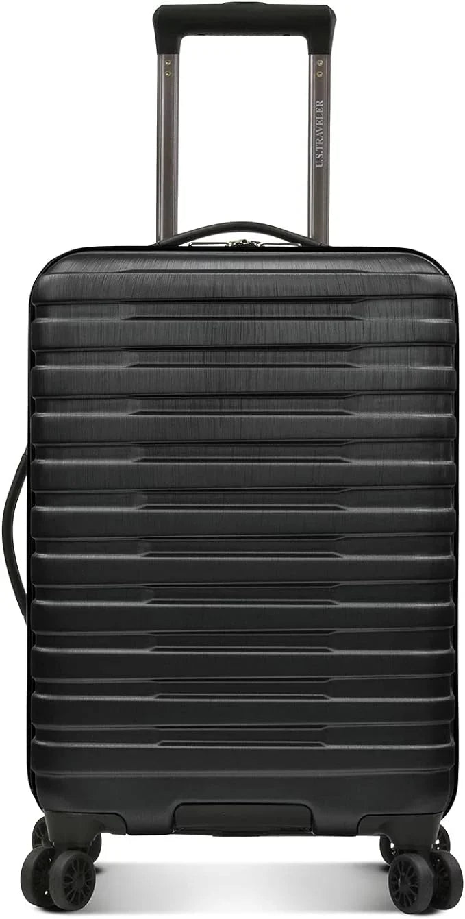 U.S. Traveler Boren Polycarbonate Hardside Rugged Travel Suitcase Luggage with 8 Spinner Wheels, Aluminum Handle, Black, Carry-on 22-Inch, USB Port