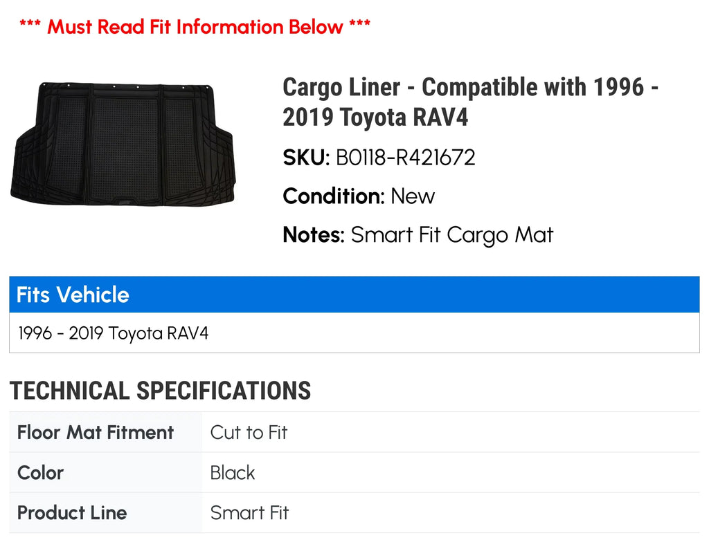 Cargo Liner - Suitable with 1996 - 2019 Toyota RAV4 1997 1998 1999 2000 2001 2002 2003 2004 2005 2006 2007 2008 2009 2010 2011 2012 2013 2014 2015 2016 2017 2018