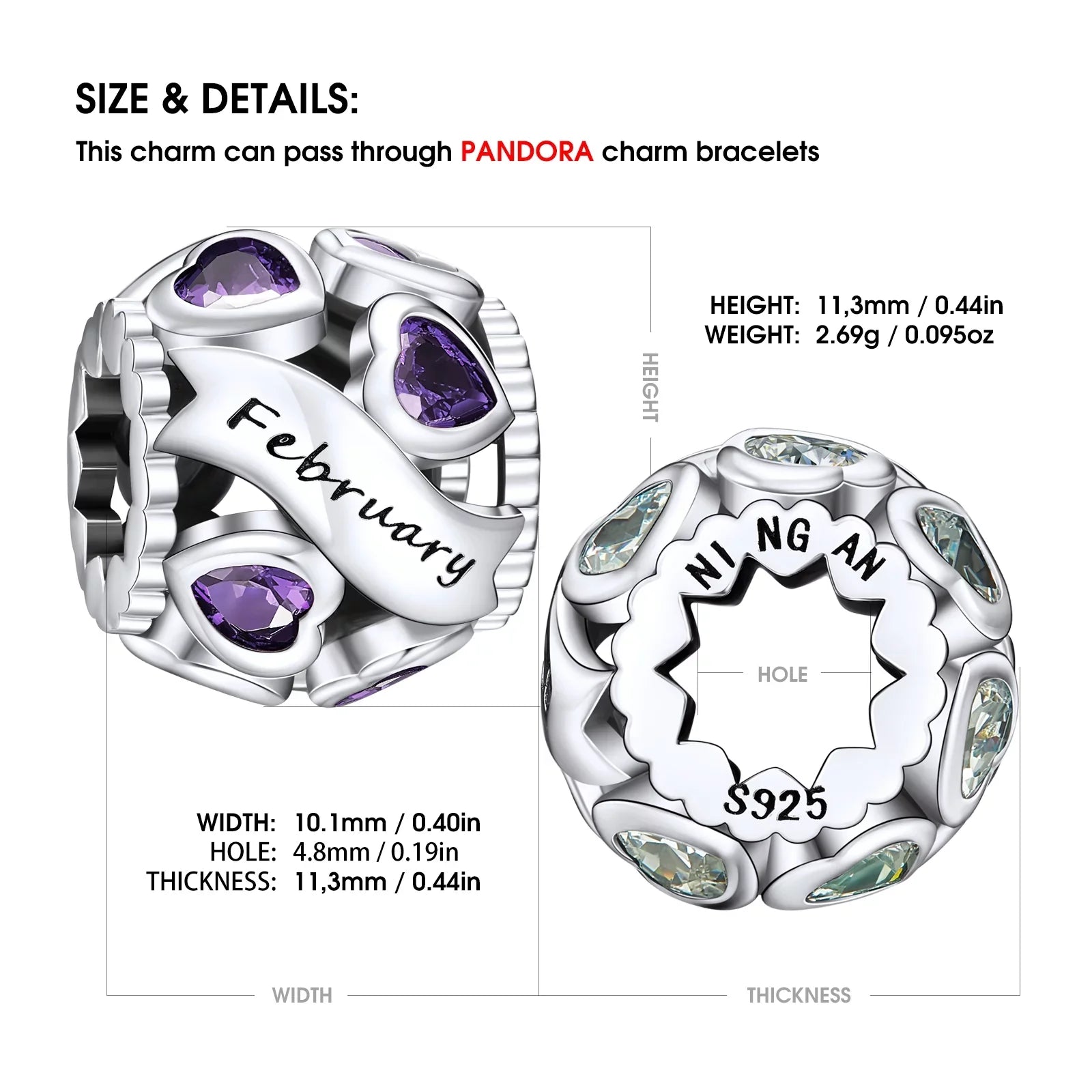 NINGAN February Birthstone Charms for Pandora Bracelets 925 Sterling Silver Love Heart Openwork Bead Charms