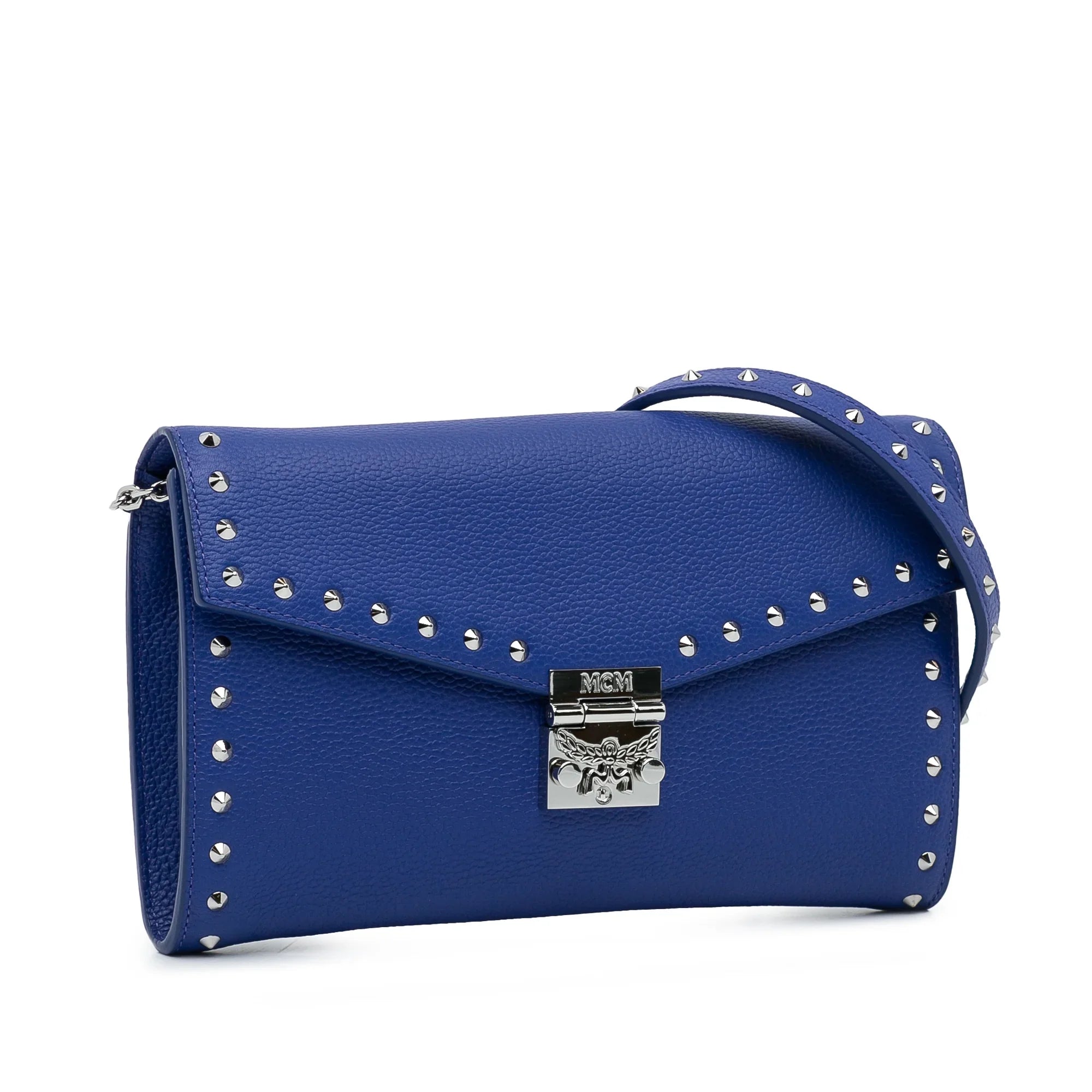 Pre-Owned Authenticated MCM Studded Patricia Wallet on Chain Calf Leather Blue Crossbody Bag Unisex (Good)