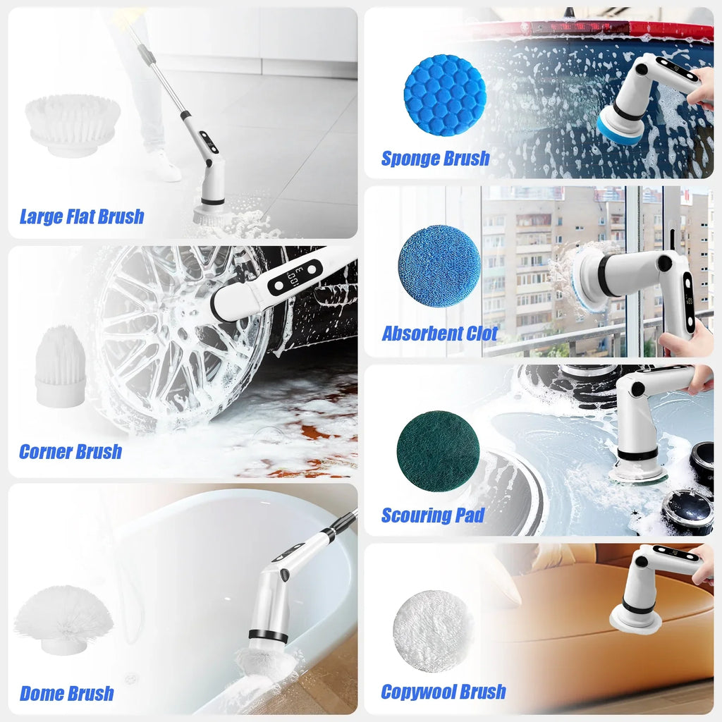 Electric Spin Scrubber, WLRETMCI Cordless Cleaning Brush with 8 Brush Heads,Shower Scrubber with Long Handle Household Cleaning Brushes for Bathroom Tub Tile Kitchen Floor Car