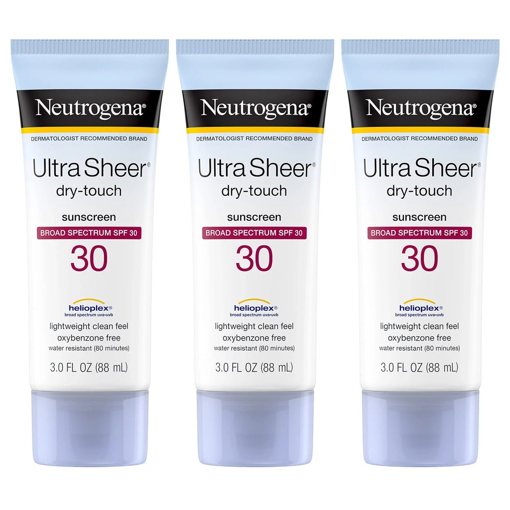 Neutrogena Ultra Sheer Dry-Touch Sunscreen Lotion, Broad Spectrum Spf 30 Uva/Uvb Protection, Oxybenzone-Free, Water Strong Non-Comedogenic, Non-Greasy, Travel Size, 3 Fl. Oz, Pack Of 3