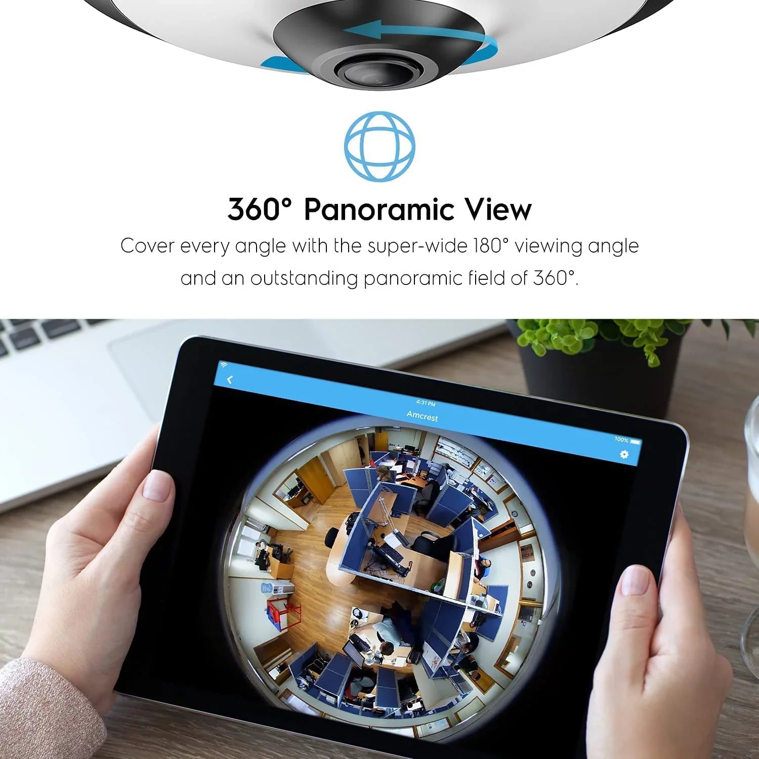 Amcrest 5-Megapixel Fisheye Camera, UltraHD Security PoE Camera Indoor, 1.4mm Lens, 33ft Nightvision, 360° Panoramic Camera Shield Cloud and MicroSD Recording, IP5M-F1180EW (White)